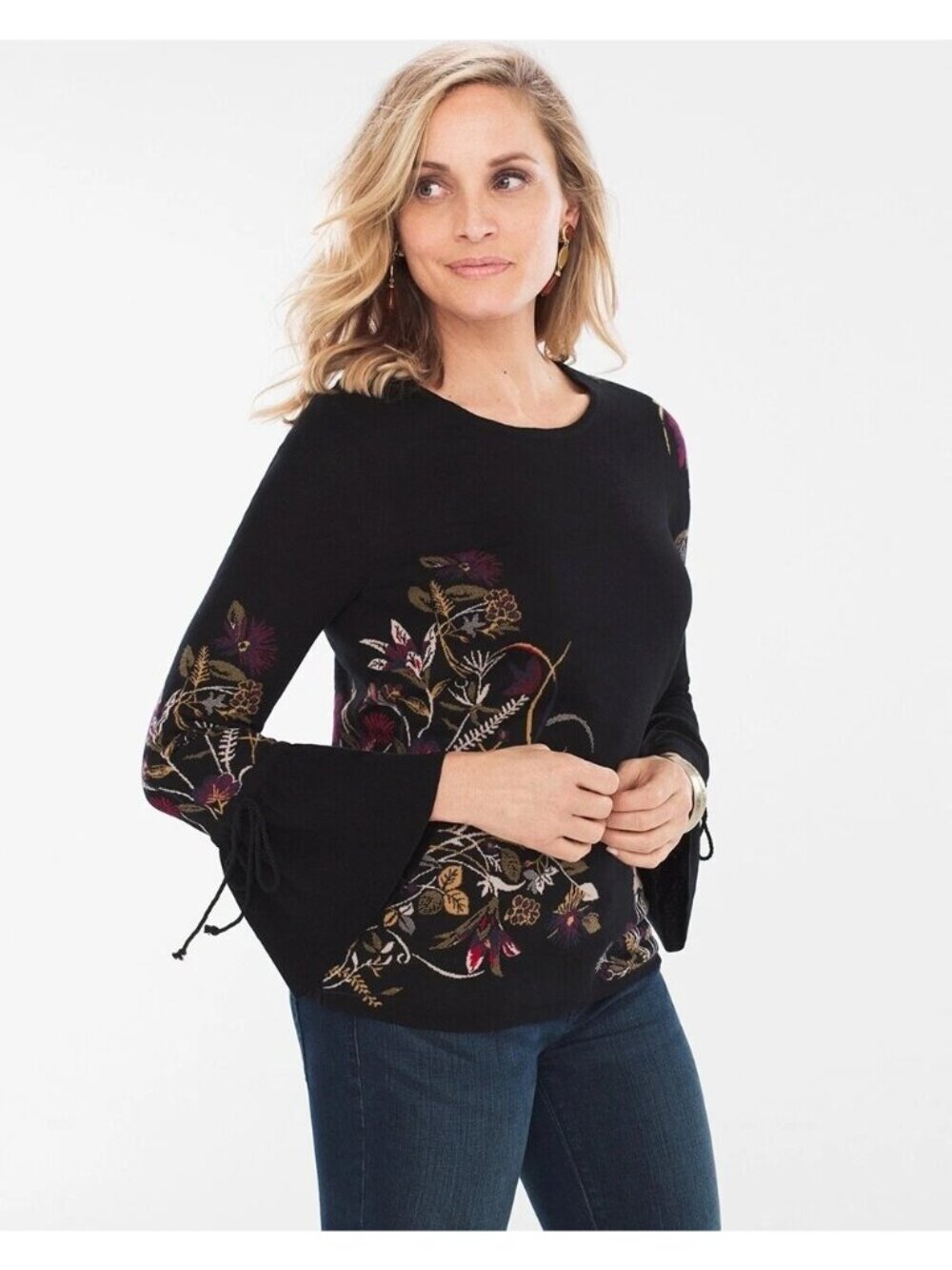 Chicos Top Small 0 Floral Jacquard Wildflower Bell Sleeve Black Multi Whimsigoth